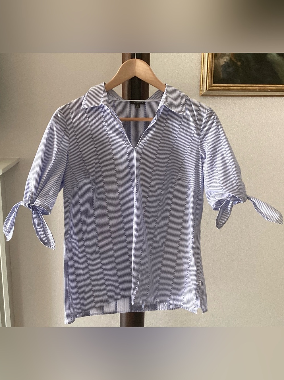 Talbots Petite Small Tie-Sleeve Tunic Stripe Dot Blue White Blouse - Like New